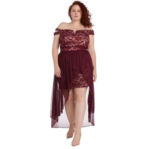 R & M Richards Morgan and Co Off Shoulder Lace Chiffon Dress Merlot Nude 18W NWT - Picture 1 of 12